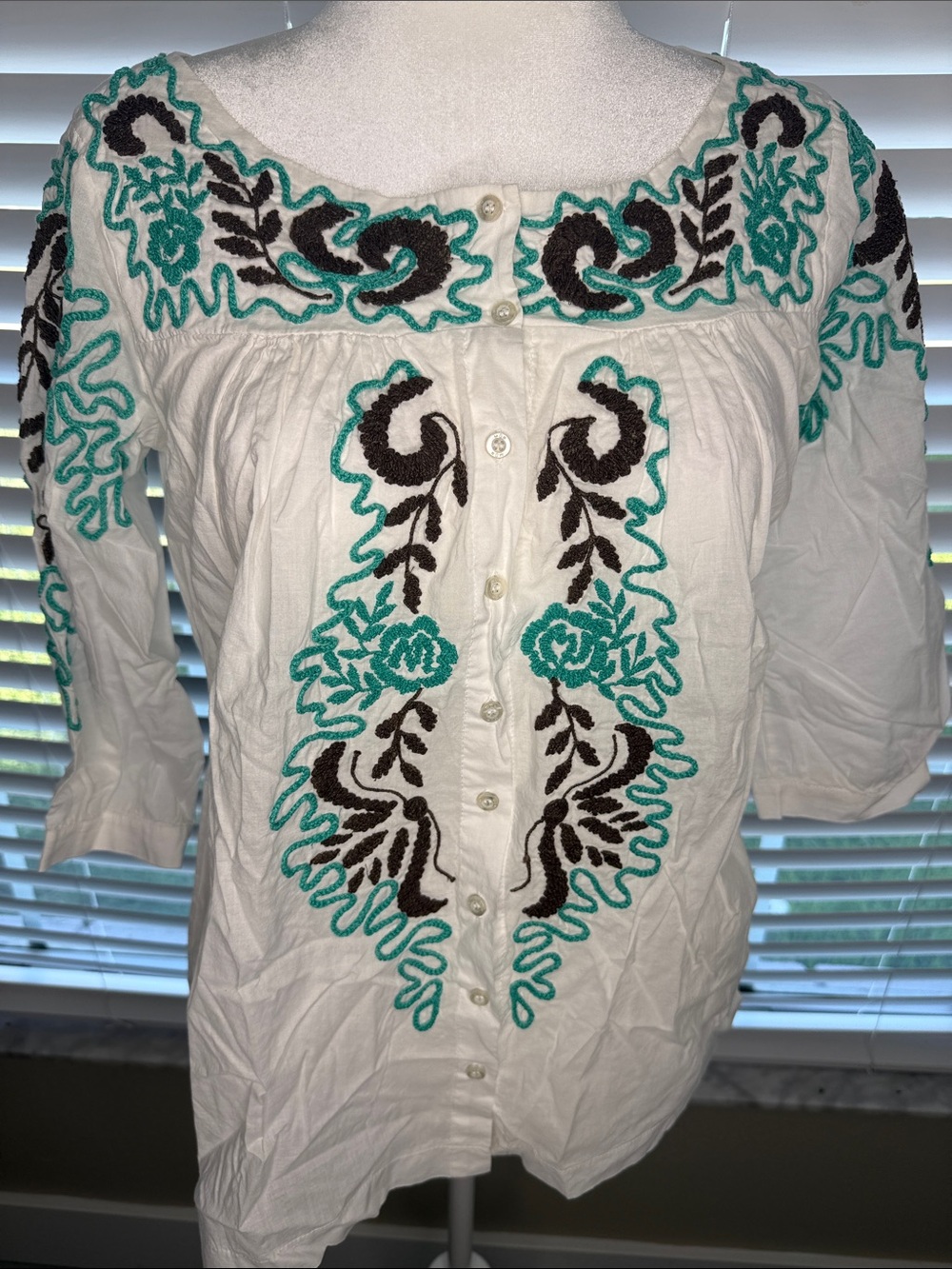 Boho Embroidered White Cotton Peasant Top with Teal & Black Detail